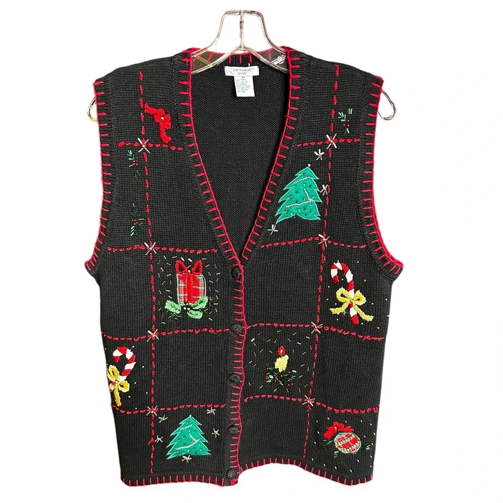 Ship'n Shore Medium Christmas Vest Ugly Sweater Party Black